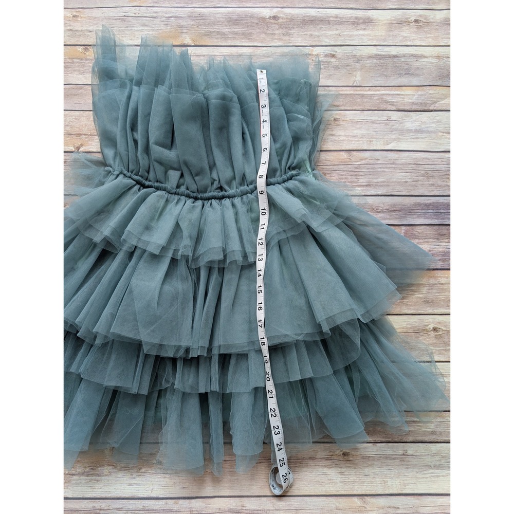 MABLE Strapless Fairycore Tulle Mini Dress Women S Sage Green Tiered Ruffle - Picture 6 of 7